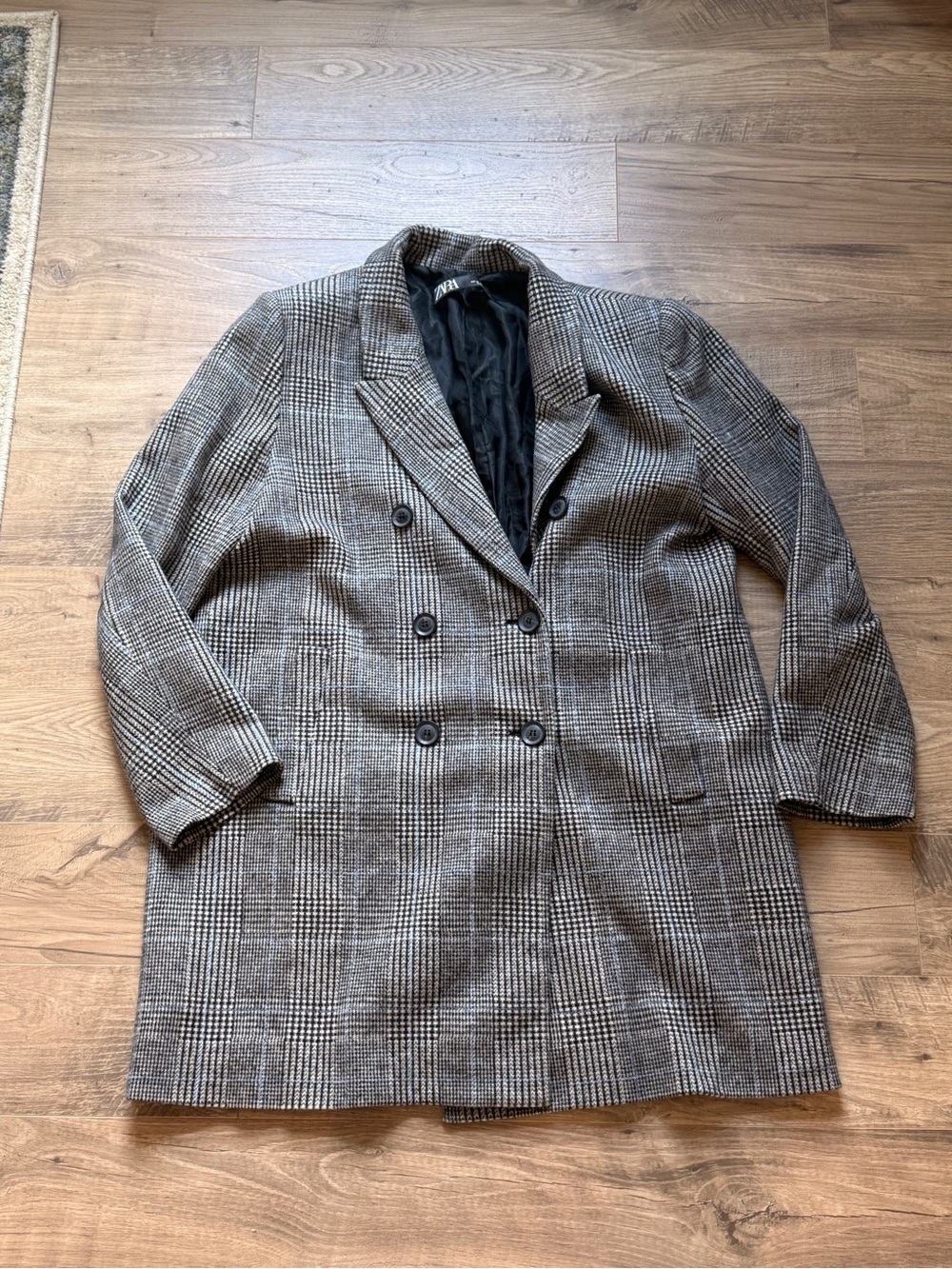 Zara Double-Breasted Plaid Coat in Gray-Blue- Size XL